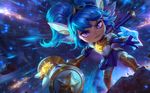  alternate_costume alternate_hairstyle blue_eyes blue_gloves blue_hair breastplate fang gloves greaves hammer highres league_of_legends long_hair magical_girl official_art pantyhose poppy skirt solo star star_guardian_poppy tiara twintails weapon white_legwear yordle 