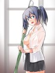  blue_hair breasts commentary_request hige_shinshi kantai_collection large_breasts open_clothes open_mouth open_shirt school_uniform shirt skirt solo souryuu_(kantai_collection) twintails 