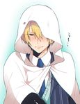  blonde_hair blue_eyes blue_neckwear blush cloak embarrassed hato_yu-ki hood hooded_cloak looking_down male_focus necktie solo tearing_up tears torn_clothes touken_ranbu upper_body yamanbagiri_kunihiro 