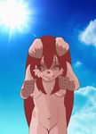  2016 animated anthro breasts cloud female green_eyes hair happy jumping long_hair looking_at_viewer mammal nipples nude pussy raccoon red_hair sicmop sky smile solo sun 
