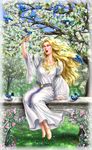  arm_at_side arm_up barefoot bench bird bird_on_hand bird_request blonde_hair blue_eyes collarbone dress elf feet floating_hair flower foot_dangle gold_trim grass happy idril_celebrindal jpeg_artifacts kamehame long_hair long_sleeves lord_of_the_rings nature non-web_source open_mouth outdoors petals pink_flower pink_rose pointy_ears rose silmarillion tree white_dress wide_sleeves 