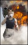  anthro armor blood bulletproof_vest canine cosmiclife dingo dog explosion female fur gun intimidating looking_at_viewer mammal nose_bleed. photo_bash ranged_weapon recoilless_rifle sand smoke solo weapon wounded 