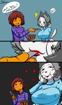  2016 ambiguous_gender anthro big_breasts blush breasts canine cat clothed clothing comic digital_media_(artwork) dog duo feline female fur hair human jyto mammal protagonist_(undertale) simple_background tem temmie_(undertale) text undertale video_games white_fur 