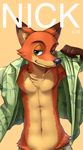  2016 anthro armpits canine clothed clothing digital_media_(artwork) disney eyebrows fox front_view fur gloves_(marking) green_eyes half-closed_eyes hi_res looking_at_viewer male mammal markings multicolored_fur navel nick_wilde open_shirt raizinndx simple_background smile solo zootopia 