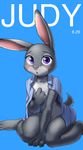 2016 4_fingers anthro blue_background blush bottomless clothed clothing digital_media_(artwork) disney eyebrows eyelashes female front_view fur grey_fur judy_hopps kneeling lagomorph looking_at_viewer mammal mostly_nude open_mouth open_shirt pink_nose purple_eyes rabbit raizinndx shirt simple_background solo zootopia 