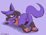  2016 all_fours animal_genitalia animal_penis anthro anus ass_up backsack balls black_penis blue_background blue_balls blush butt canine canine_penis chibi erection felino hindpaw knot looking_at_viewer looking_back lucario male mammal nintendo open_mouth pawpads paws penis pok&eacute;mon shy simple_background solo video_games 