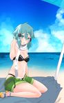  beach beach_towel bikini blue_eyes blue_hair blush breasts cleavage day groin highres looking_at_viewer navel ocean outdoors sandals shinwota shore short_hair sinon sitting small_breasts solo swimsuit sword_art_online towel umbrella wariza water 