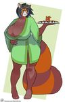  2016 anthro big_breasts breasts cleavage clothed clothing dieselbrain female huge_breasts mammal red_panda smile solo 