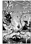  comic dog flandre_scarlet greyscale hair_ribbon highres hug miniskirt monochrome open_mouth ribbon scar sharp_teeth short_hair sitting_on_floor skirt tatara_kogasa_(umbrella) teeth thighhighs thorns touhou translated umbrella warugaki_(sk-ii) wings 