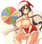  areolae bed_sheet black_hair blush breasts breasts_outside brown_eyes dress dress_tug hair_ribbon hat huge_breasts iwato_kasumi long_hair looking_at_viewer momoiro_tunozemi nipples red_dress ribbon saki santa_hat sitting smile solo strap_slip 