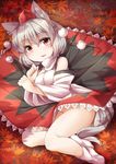  animal_ears autumn_leaves bare_shoulders blush breasts detached_sleeves fun_bo hat inubashiri_momiji leaf medium_breasts no_panties open_mouth pom_pom_(clothes) red_eyes short_hair silver_hair solo tail tokin_hat touhou wide_sleeves wolf_ears wolf_tail 