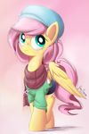  blue_eyes bugplayer clothed clothing equine eyelashes feathered_wings feathers female feral fluttershy_(mlp) friendship_is_magic fur hair hat hooves jewelry mammal my_little_pony necklace pegasus pink_hair simple_background solo standing wings yellow_feathers yellow_fur 