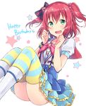  aozora_jumping_heart blue_skirt bow eyebrows eyebrows_visible_through_hair frilled_skirt frills green_eyes hair_bow happy_birthday kurosawa_ruby looking_at_viewer love_live! love_live!_sunshine!! open_mouth red_hair sakou_mochi short_hair short_sleeves simple_background skirt smile solo star starry_background striped striped_legwear two_side_up white_background 