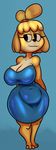  2016 animal_crossing anthro big_breasts breasts canine cleavage clothed clothing dog dress female huge_breasts isabelle_(animal_crossing) mammal nintendo smile solo thingshappen video_games 