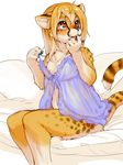  2016 amber_eyes anthro bed blonde_hair cheetah feline female flat_chested gown hair kikurage mammal sitting solo spots 
