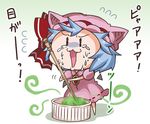  :3 animal_ears bat_ears blue_hair bow brooch chibi commentary flying_sweatdrops full_body gradient gradient_background hat hat_bow hat_with_ears jewelry mob_cap motion_lines multicolored multicolored_background noai_nioshi open_mouth puffy_short_sleeves puffy_sleeves red_bow remilia_scarlet ribbon-trimmed_clothes ribbon_trim short_sleeves solo standing tears touhou translated two-tone_background wasabi wavy_mouth |_| 