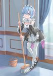  apron blue_eyes blue_hair bucket bucket_of_water cchhii3 curtains detached_sleeves eyes_visible_through_hair frilled_sleeves frills full_body hair_ornament hair_over_one_eye hair_ribbon highres indoors maid maid_headdress mary_janes mop purple_ribbon re:zero_kara_hajimeru_isekai_seikatsu rem_(re:zero) ribbon ribbon_trim shoes short_hair smile solo underbust white_legwear window x_hair_ornament 