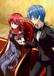  akuma_no_riddle azuma_tokaku black_bow black_dress blue_eyes blue_hair bow bowtie collarbone dress eyebrows eyebrows_visible_through_hair formal gloves hair_between_eyes hair_ornament highres holding_hands ichinose_haru indoors long_hair multiple_girls red_eyes red_hair sadumey short_hair sitting smile suit white_gloves yuri 