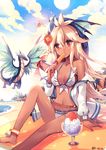  ahoge anklet arm_support backlighting bad_anatomy bare_shoulders barefoot beach belt bikini blonde_hair blush breasts cleavage cloud cloudy_sky collarbone commentary_request dark_skin day dragon eating flower food food_in_mouth granblue_fantasy hair_between_eyes hair_flower hair_ornament hibiscus holding holding_food jacket jewelry kirero long_hair looking_at_viewer loose_belt navel off_shoulder outdoors popsicle red_eyes shaved_ice shiny shiny_skin sidelocks sitting sky small_breasts solo stomach sun swimsuit very_long_hair white_bikini white_jacket zooey_(granblue_fantasy) 