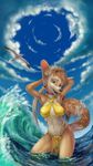  2016 amber_eyes anthro armpits avian bikini bird breasts brown_fur brown_hair brown_nose canine choker clothing cloud ear_piercing ear_tuft female fox fur hair hair_ornament hair_tie hands_behind_head jewelry lace long_ears long_tail looking_at_viewer mammal midriff multicolored_tail navel navel_piercing necklace notdonebaking open_mouth outside piercing pigtails raised_arm seagull sky smile solo standing swimsuit tuft water wave 