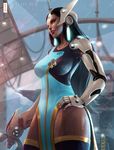  black_hair black_legwear blue_dress breasts commentary cyborg dark_skin dress forehead_jewel gun hand_on_hip handgun headgear highres large_breasts lips lipstick long_hair makeup mechanical_arm nose overwatch pelvic_curtain solo symmetra_(overwatch) thighhighs uliel weapon 