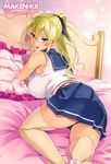  :p artist_name ass bare_shoulders bed_sheet blonde_hair blouse blue_eyes blue_sailor_collar blush breasts brown_legwear copyright_name crop_top espada_love frilled_pillow frills green_eyes hair_ribbon highleg highleg_panties highres large_breasts long_hair looking_back maken-ki! miniskirt on_bed panties pillow pleated_skirt ponytail ribbon sailor_collar school_uniform serafuku skirt sleeveless smile solo takeda_hiromitsu thighhighs tongue tongue_out underwear upskirt white_blouse 