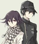  asuna_(doruru-mon) black_hair checkered checkered_scarf coat danganronpa double-breasted green_eyes grey_background hair_over_one_eye hat highres looking_at_viewer male_focus multiple_boys new_danganronpa_v3 ouma_kokichi purple_eyes purple_hair saihara_shuuichi scarf simple_background smile upper_body 