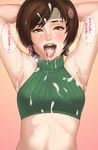  after_sex armpits arms_behind_head arms_up bad_id bad_pixiv_id blush breasts brown_eyes brown_hair bukkake covered_nipples crop_top cum cum_in_mouth cum_on_body cum_on_breasts cum_on_hair cum_on_tongue cum_on_upper_body facial final_fantasy final_fantasy_vii headband highres maou_alba midriff nose open_mouth small_breasts solo sweat tongue tongue_out translation_request turtleneck yuffie_kisaragi 