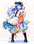  :d blouse blue_hair blue_skirt boots bow bowtie breasts dress food food_on_head fruit fruit_on_head hat highres hinanawi_tenshi huyusilver knee_boots layered_dress long_hair object_on_head open_mouth peach pose puffy_short_sleeves puffy_sleeves reverse_grip short_sleeves skirt small_breasts smile solo sword_of_hisou touhou tsurime v-shaped_eyebrows white_blouse 