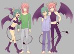  aqua_hair barefoot boots crop_top demon_boy demon_tail demon_wings full_body grey_background hair_down height_difference high_heel_boots high_heels horns inazuma_eleven_(series) inazuma_eleven_go kariya_masaki kirino_ranmaru male_focus midriff multiple_boys pink_hair riho shorts simple_background sleeveless standing tail twintails wings 