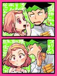  1girl 2koma black_hair blush choker comic earrings frown green_eyes hairband haku_le headband jewelry jojo_no_kimyou_na_bouken kishibe_rohan multicolored_hair open_mouth pink_eyes pink_hair raised_eyebrow ring smile sugimoto_reimi sweatdrop translated two-tone_hair 