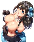  armband bare_shoulders black_gloves black_hair blue_eyes blue_flower blush breasts collarbone dress floral_print flower from_above fumika_bug gloves hair_flower hair_ornament highres idolmaster idolmaster_cinderella_girls idolmaster_cinderella_girls_starlight_stage jewelry large_breasts long_hair looking_at_viewer necklace open_mouth print_gloves rose_print sagisawa_fumika simple_background solo sweat tiara umakatsuhai white_background 