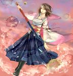  1girl blue_eyes boots brown_hair bubbles detached_sleeves final_fantasy final_fantasy_x hair_tube long_skirt obi parted_lips pleated_skirt short_hair skirt solo staff yuna 