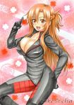  :d artist_name asuna_(sao) biker_clothes bikesuit breasts brown_eyes brown_hair cleavage huge_breasts long_hair marker_(medium) open_mouth smile solo sword_art_online takecha traditional_media 