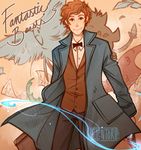  1boy bird blue_eyes bowtie brown_hair copyright_name dragon fantastic_beasts_and_where_to_find_them freckles harry_potter male_focus monster newton_artemis_fido_scamander paper solo suitcase teeth waistcoat wizard 