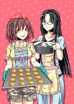  :d ahoge apron black_hair bread brown_hair camouflage commentary_request food gaokao.love.100days green_eyes highres long_hair luo_xiaohan melon_bread multiple_girls muxin open_mouth pai_(1026508292) pants polka_dot polka_dot_background polka_dot_shirt shirt short_hair shorts smile twintails yellow_eyes 