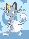  alolan_meowth ambiguous_gender blush diaper feral fur grey_fur kurikia paws simple_background solo standing 