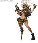 \m/ absurdres bandaged_leg bandages belt boots breasts brown_footwear brown_hair burnt_hair chain crazy_eyes detonator dirty dirty_face explosive finger_on_trigger fingerless_gloves full_body genderswap genderswap_(mtf) gloves grenade grenade_launcher groin gun harness highres holding holding_gun holding_weapon junkrat_(overwatch) looking_at_viewer mechanical_arm medium_breasts muhut navel open_mouth overwatch peg_leg pinky_out pouch shorts simple_background single_boot smoke solo spikes standing tire title_parody tongue tongue_out torn_clothes torn_shorts underboob weapon white_background 
