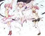  :d arm_up arms_up bow brown_footwear bubble_skirt choker confetti dress frilled_legwear gloves hair_bow hair_ribbon kaname_madoka kinfuji kneehighs loafers long_hair long_sleeves looking_at_viewer magical_girl mahou_shoujo_madoka_magica multiple_girls multiple_persona open_mouth pink_eyes pink_hair pink_legwear puffy_long_sleeves puffy_sleeves red_footwear ribbon school_uniform shoes short_twintails skirt smile soul_gem thighhighs twintails two_side_up ultimate_madoka very_long_hair white_dress white_gloves white_legwear yellow_eyes zettai_ryouiki 