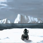  absurdres black_hair blue_sky commentary_request day dress glacier highres ice long_hair long_sleeves ocean original outdoors sitting sky snow solo temp-cho wheelchair white_dress winter 