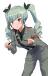  anchovy anzio_military_uniform blush breasts drill_hair figurehead_(figurehead67) girls_und_panzer green_hair leaning_forward medium_breasts military military_uniform necktie red_eyes riding_crop solo tongue tongue_out uniform 