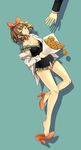  absurdres aqua_background bare_legs black_eyes bouquet bow breasts brown_hair cleavage collarbone commentary_request flower frills fukujusou_(vocaloid) full_body hair_bow high_heels highres holding holding_bouquet large_breasts long_sleeves medium_hair no_socks orange_bow orange_footwear original out_of_frame pai_(1026508292) shoe_dangle shoes simple_background solo_focus striped vertical_stripes vocaloid wavy_hair 