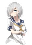  :o breasts collarbone gloves hair_ornament hair_over_one_eye hairclip hamakaze_(kantai_collection) hand_on_own_chest highres kantai_collection large_breasts long_hair miyabino_(miyabi1616) neckerchief open_mouth school_uniform serafuku short_sleeves silver_hair simple_background solo upper_body white_background white_gloves yellow_neckwear 