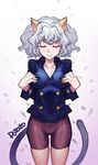  animal_ears artist_name breasts cat_ears cat_tail closed_eyes curly_hair eyelashes hands_on_own_chest hunter_x_hunter medium_breasts neferpitou parted_lips petals potato_(sksnabi) short_hair shorts silver_hair skindentation solo tail 