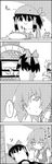  3girls 4koma =d arm_up ascot bandana bow comic commentary dough greyscale hair_bow hair_tubes hakurei_reimu highres kazami_yuuka leg_up long_hair medicine_melancholy monochrome multiple_girls oven oven_mitts puffy_short_sleeves puffy_sleeves rolling_pin short_hair short_sleeves spoken_ellipsis sweatdrop tani_takeshi touhou translated yukkuri_shiteitte_ne |_| 