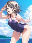  :d absurdres ass bad_proportions blue_eyes blue_sky breasts cloud collarbone competition_swimsuit covered_navel day highres looking_at_viewer love_live! love_live!_sunshine!! medium_breasts mountain ocean okita_ababa one-piece_swimsuit open_mouth outdoors salute short_hair sky smile solo swimsuit teeth watanabe_you wet 