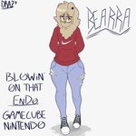  2016 anthro bearra_(character) big_eyebrows clothed clothing cute drazelle_(artist) eyewear freckles fur glasses hair hi_res hoodie invalid_tag jeans male mammal nike pants piercing simple_background smile sneakers solo torn_clothing torn_jeans torn_pants wide_hips 