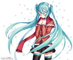  absurdres aqua_eyes aqua_hair bangs black_skirt boots brown_coat buttons closed_eyes coat hair_ornament happy_birthday hatsune_miku highres long_hair nissanote red_scarf scarf simple_background skirt smile snow solo thigh_boots thighhighs twintails very_long_hair vocaloid white_background 