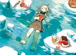  afloat alcohol bear bear_girl beer beer_mug blood book breasts closed_eyes closed_mouth dress food from_above full_body furry holding holding_book iceberg knife long_hair lying meat medium_breasts on_back original personification pizza polar_bear sleeveless sleeveless_dress smile solo striped striped_dress water white_hair zinbei 