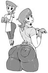  apron ass back comparison cropped_legs dexter's_laboratory from_behind gloves greyscale highres huge_ass looking_back mom_(dexter's_laboratory) monochrome multiple_views pants simple_background synecdoche thick_thighs thighs white_background 